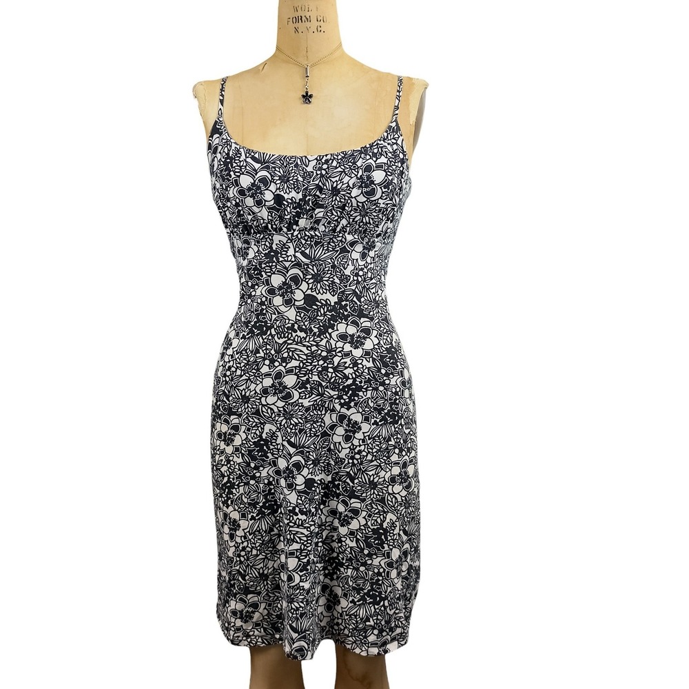 Ann Taylor Loft Cotton Monochrome Floral Sundress Minimalist Deep Scoop Neck XS